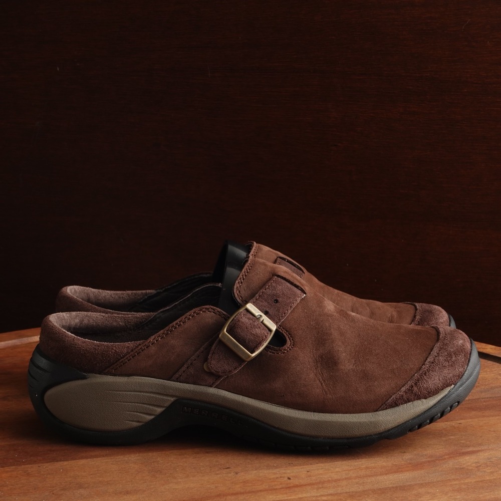 Merrell Clog WMS SZ 7.5 Brown Encore Buckle Bracken Leather Slip On Comfort Shoe